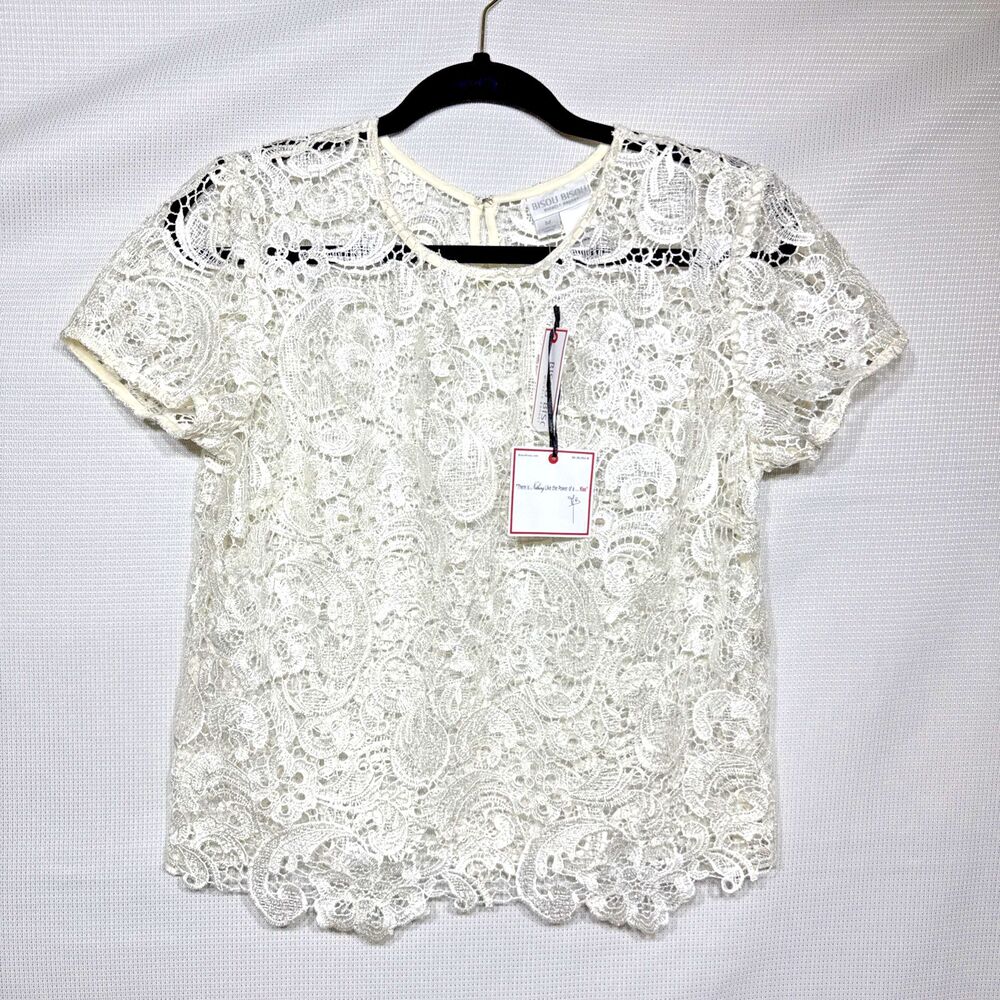 Bisou Bisou Michele Bohbot Womens Ivory Sheer Lace Short Sleeve Blouse - M - NWT